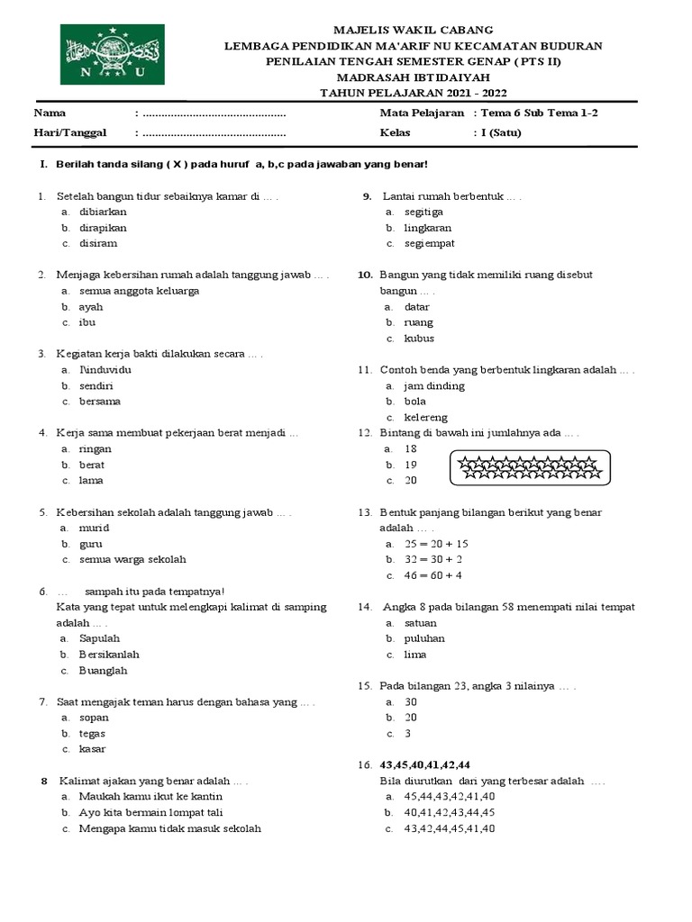 Soal PTS Tema 6 Kelas 1 SD PDF Soal PTS Tema 6 Kelas 1 SD PDF