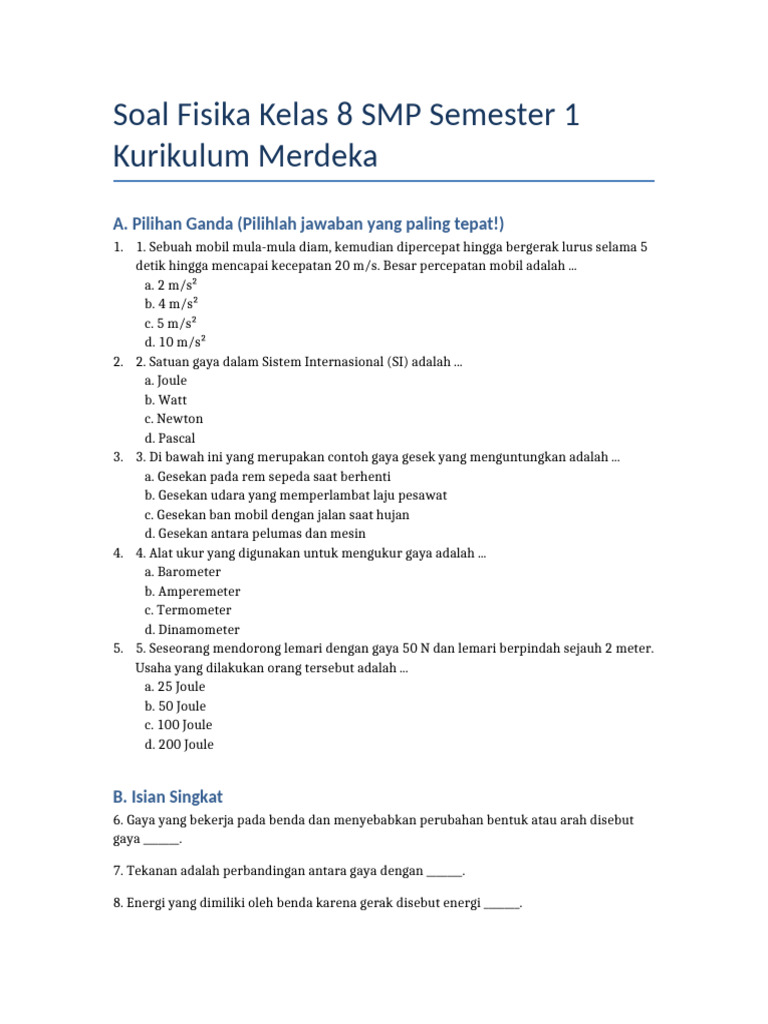 soal fisika kelas 8 semester 1