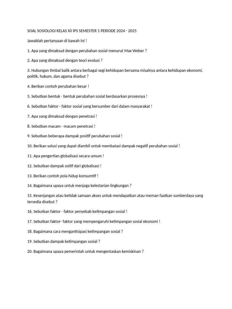 soal sosiologi kelas 12 semester 1